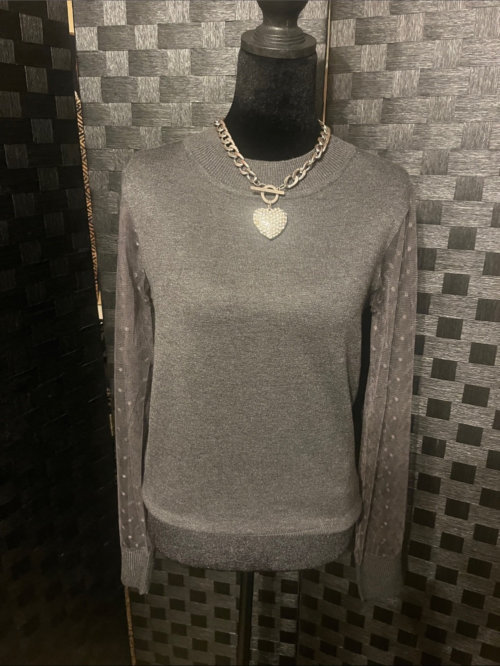 Women's Charcoal Gray Crewneck Sweater with Patterned Sleeves